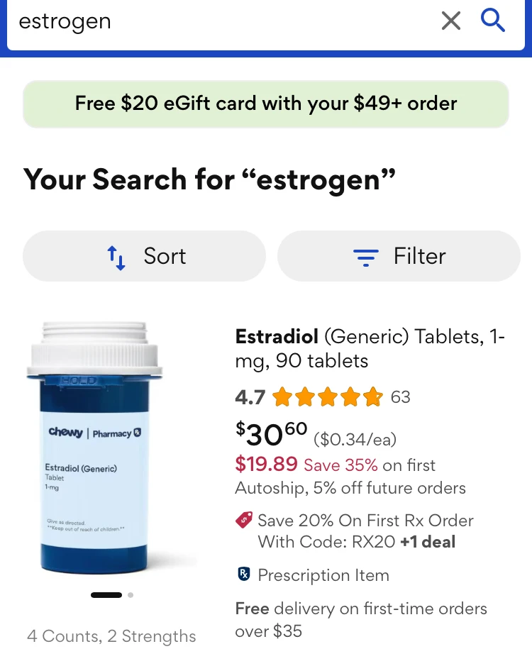 Screenshot of a search for estrogen on chewy.com, showing a result for a bottle of generic estradiol, 1 mg, 90 tablets