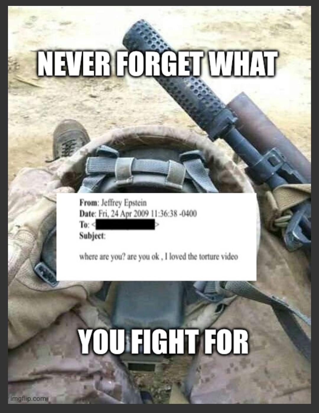 A solider looking into their helmet to find solace in their Motivation: a Mail from Epstein: where are you? Are you okay, i Loved the torture Video 