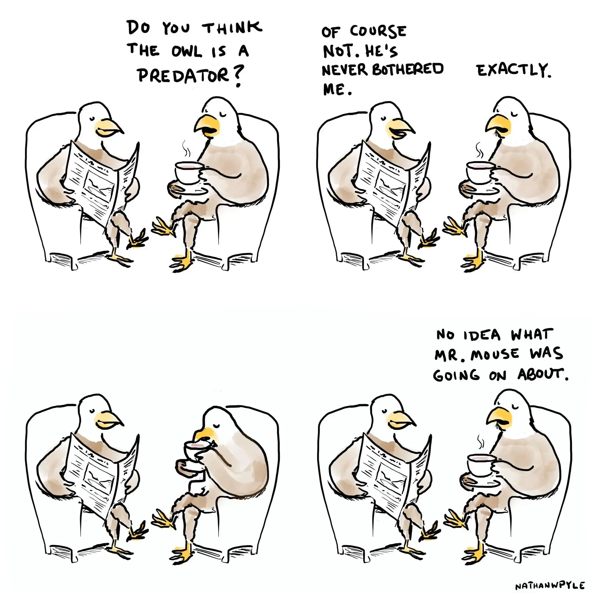 4-panel comic showing two eagles sitting in armchairs having a conversationPanel 1: B:"Do you think the owl is a predator?"Panel 2:A: "Of course not. He's never bothered me."B: "ExactlyPanel 3:*silence*Panel 4:B: "No idea what Mr. Mouse was going on about."