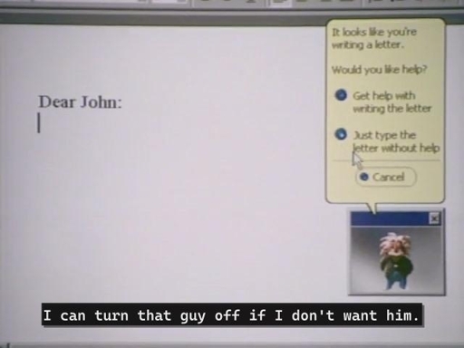 Computer Chronicles - Best of COMDEX 1996 screenshot showing a Microsoft Word document and a Clippy-like helper with the caption I
can turn that guy off if I don't want him.