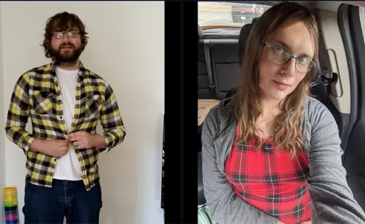 left: some guy. unkempt hair and beard. very sad. right: cute girl! nice long hair and a plaid dress and gray sweater