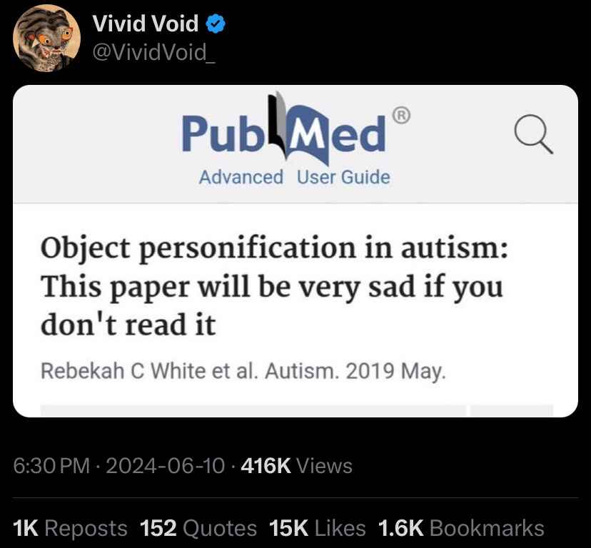 mobile screenshot of an article titled "Object personification in autism: This paper will be very sad if you don't read it"