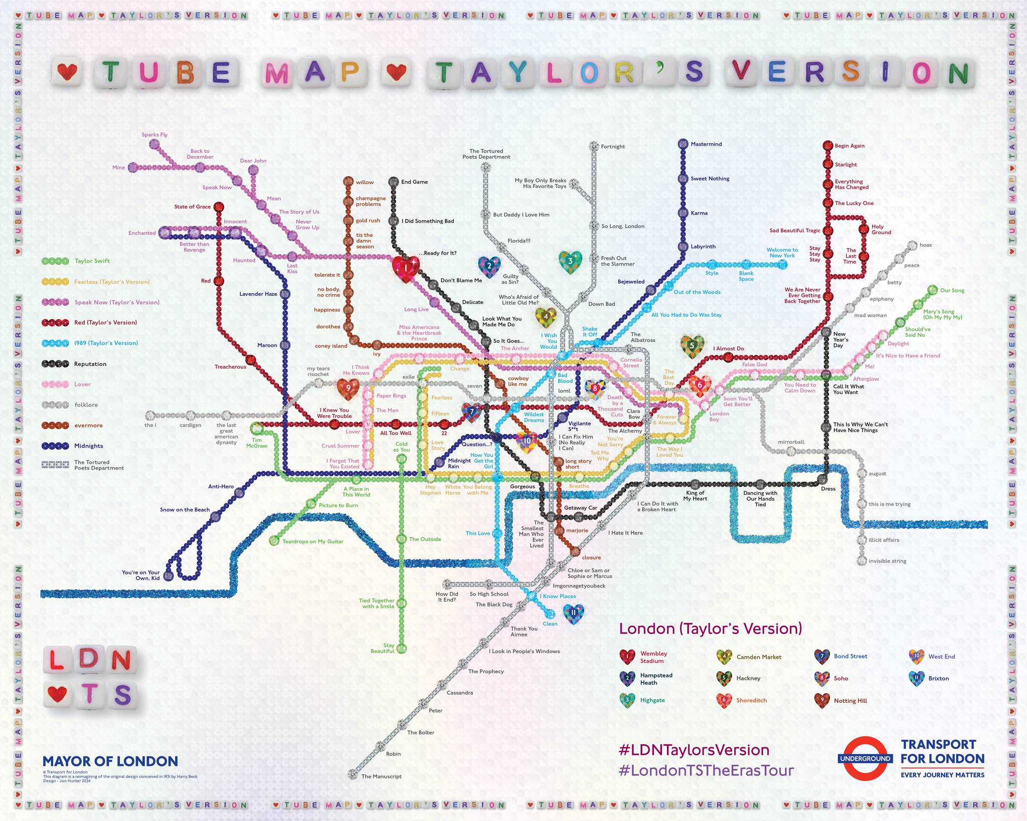 The London Tube map has been redesigned as Taylor's Version for Taylor Swift performing at Wembly.  Each line is one of her albums, with stops being tracks on those albums.