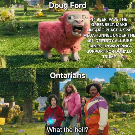 Meme with messed up sheep on top panel with the title "Doug Ford" and the text "$1 beer, pave the greenbelt, make ontario place a spa, mega tunnel under the 401, destroy all bike lanes, unwavering support for Donald Trump"

The bottom panel has some confused looking people titled "Toronto" with the text "What the hell"?