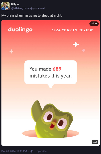 "My brain when I'm trying to sleep at night" - then a Duolingo 2024 in review screenshot saying "You made 689 mistakes this year"