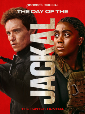 Promotional poster showing Eddie Redmayne as "The Jackal" & Lashana Lynch as Bianca Pullman