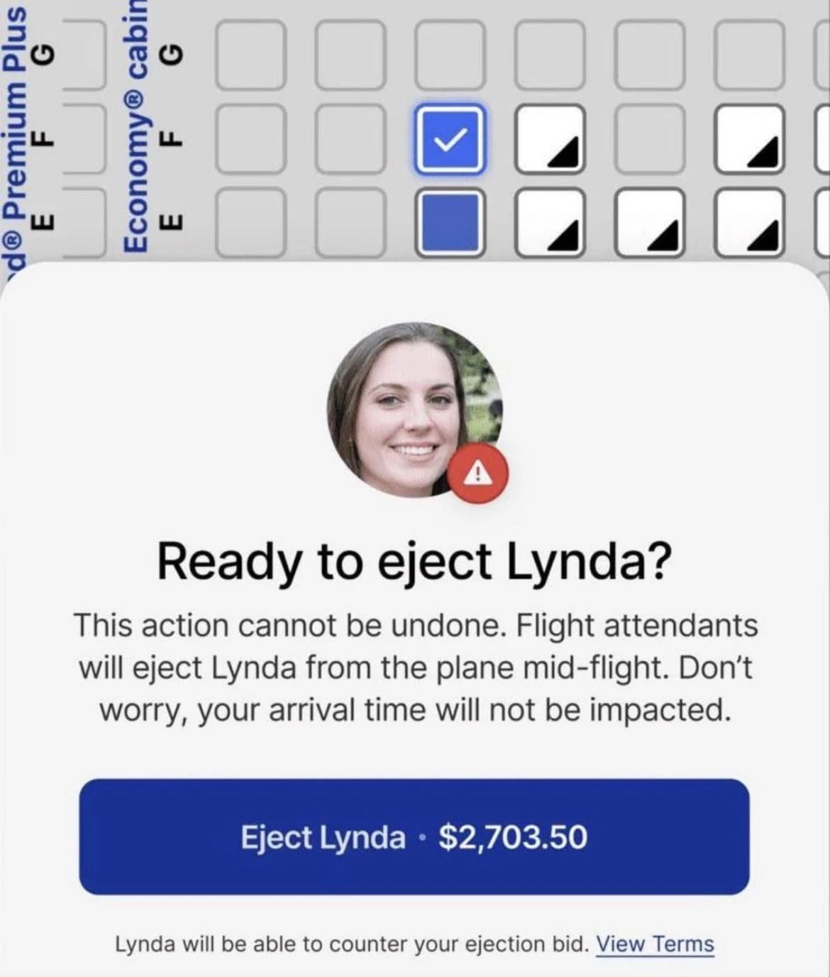 There is a seat selection of an airplane in the background, with a single seat selected. There is a pop-up asking Ready to eject Lynda? This action cannot be undone. Flight attendants will eject Lynda from the plane mid-flight. Don't worry, your arrival time will not be impacted. (Blue button) Eject Lynda - 2703.50$ (Small text below) Lynda will be able to counter your ejection bid. View Terms