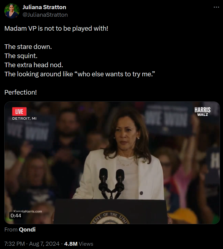 @JulianaStratton: Madam VP is not to be played with!  The stare down. The squint. The extra head nod.  The looking around like “who else wants to try me.”  Perfection!