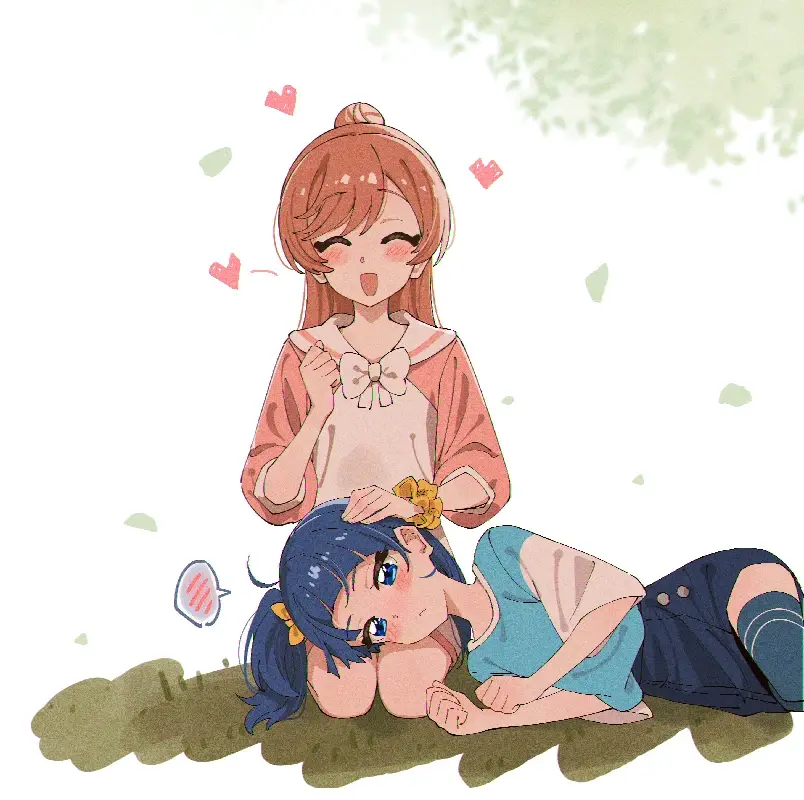 A drawing of Sora resting her head on Mashiro's lap. Mashiro is smiling while patting Sora's head lovignly. Sora's cheeks are red.