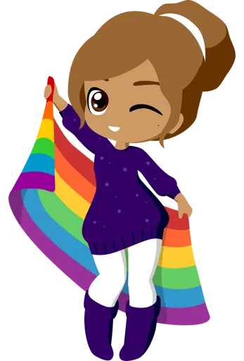 illustration of a girl wearing a dark people pullover with tights and dark purple boots. She is holding a large pride flag behind her back. She looks very comfortable with herself and looks very lovely.