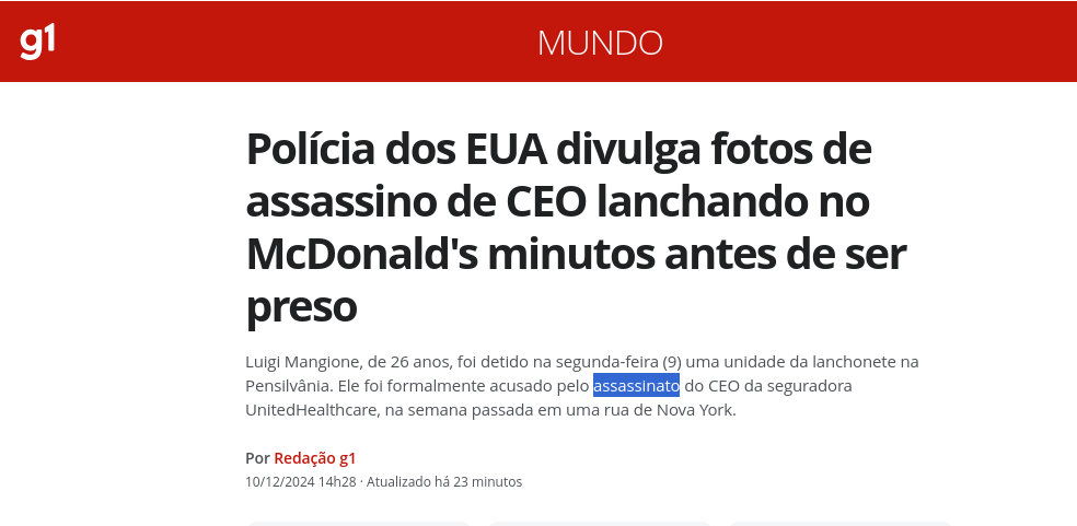 Screenshot from a Brazilian news headline at Globo