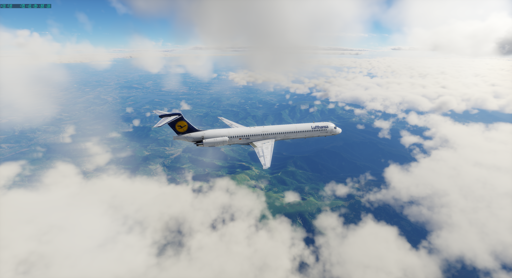 Screenshot of the X-Plane 12 flight simulator. A Lufthansa McDonell Douglas MD-80 is flying through the clouds above Bulgaria.