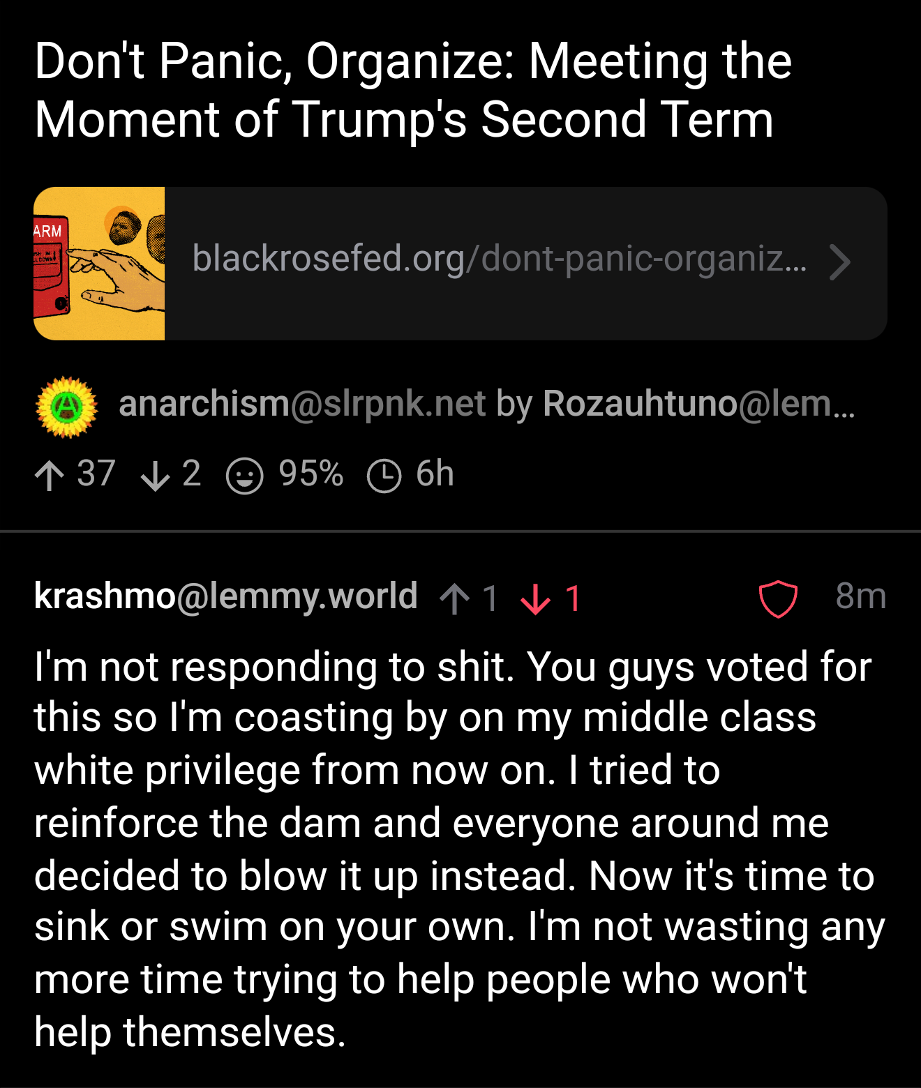 Post on /c/anarchism@slrpnk.net, 37 upvotes 3 down. Post title: Don't Panic, Organize: Meeting the Moment of Trump's Second Term Comment: I'm not responding to shit. You guys voted for this so I'm coasting by on my middle class white privilege from now on. I tried to reinforce the dam and everyone around me decided to blow it up instead. Now it's time to sink or swim on your own. I'm not wasting any more time trying to help people who won't help themselves. 