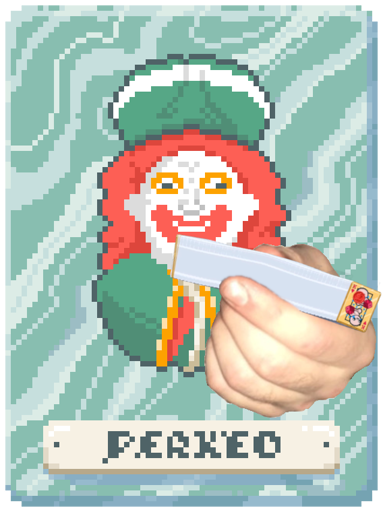 Image of Perkeo, a joker in Balatro, with a hand edited in that offers a massive amount of steel king cards with red seal, some of them at the beggining and end being golden instead. The cards look like a marijuana joint.