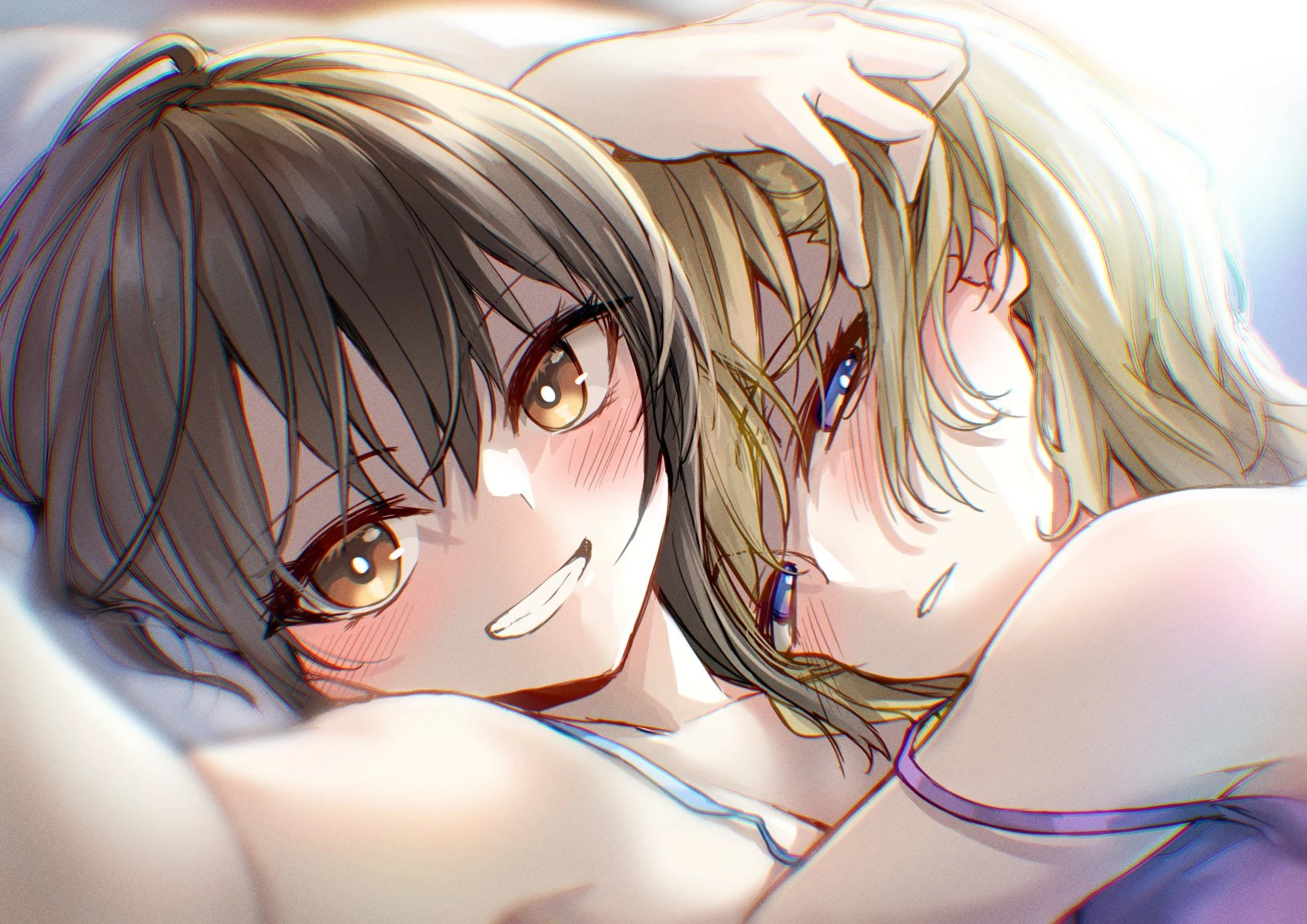 An illustration made to look like a selfie. Renko and Maribel are cuddling in bed together. Maribel is resting on top of Renko, looking still half-asleep. Renko is smiling at the camera while caressing Maribel's hair. They're both wearing lingerie.