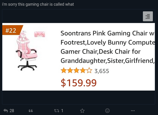 A screenshot showing an Amazon listing of a gaming chair. The title says "Soontrans Pink Gaming Chain with Gootrest, Lovely Bunny Computer Gamer Chair, Desk Chair for Grandaughter,Sister,Girlfriend..."