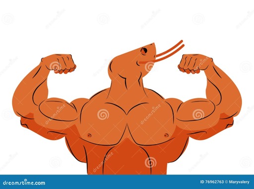 A stock photo of a stereotypicacl cartoon muscle-man, but with a shrimp's head.