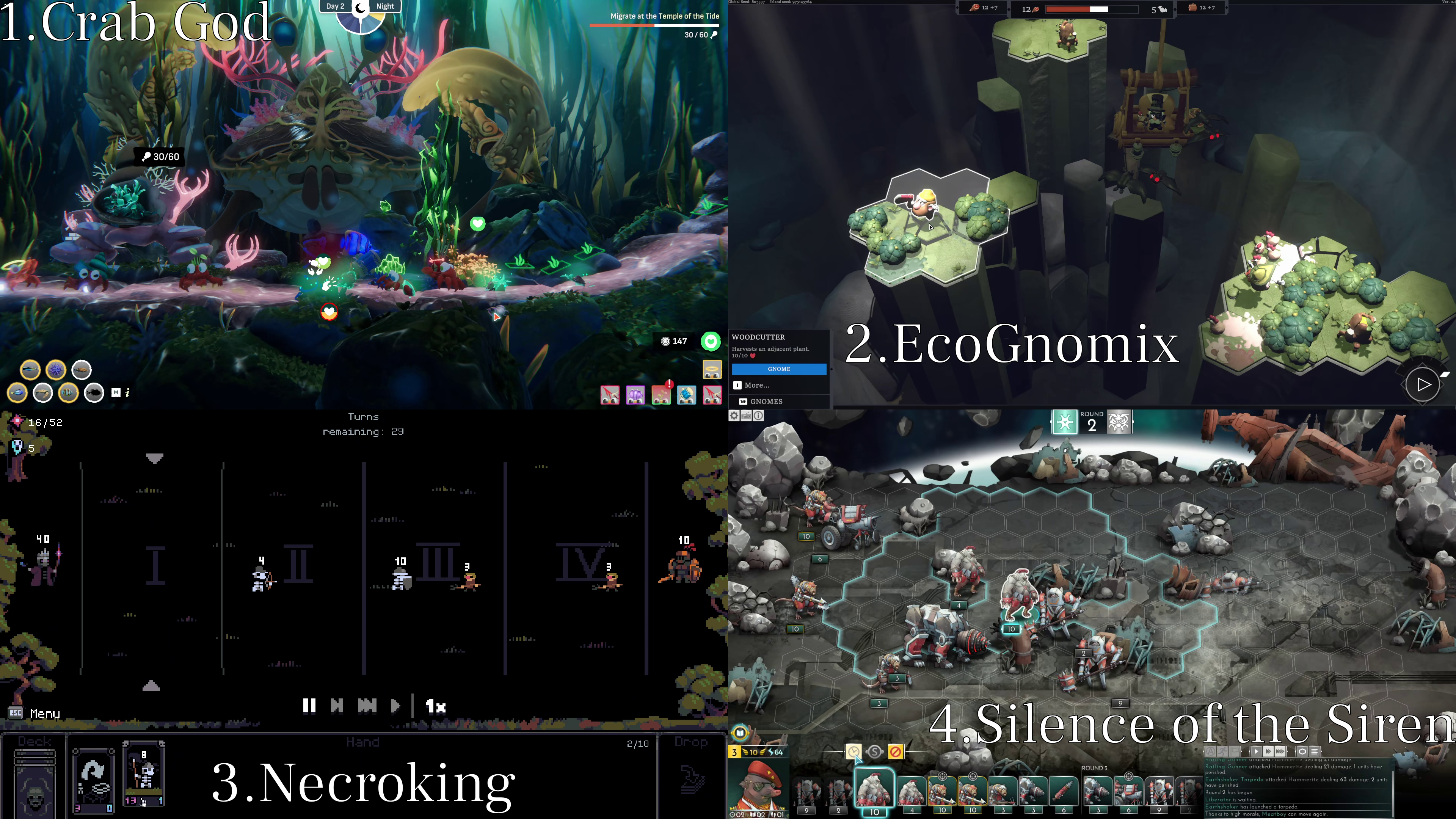 Screenshot of the Games Crab God, EcoGnomix, NecroKing, and Silence of the Siren