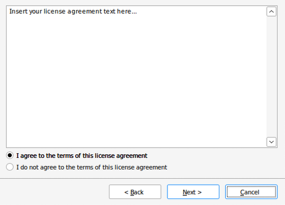 A program instalation window with a licence agreement with the text "Insert your licence agreement text here..." and an agree and disagree radial buttons.