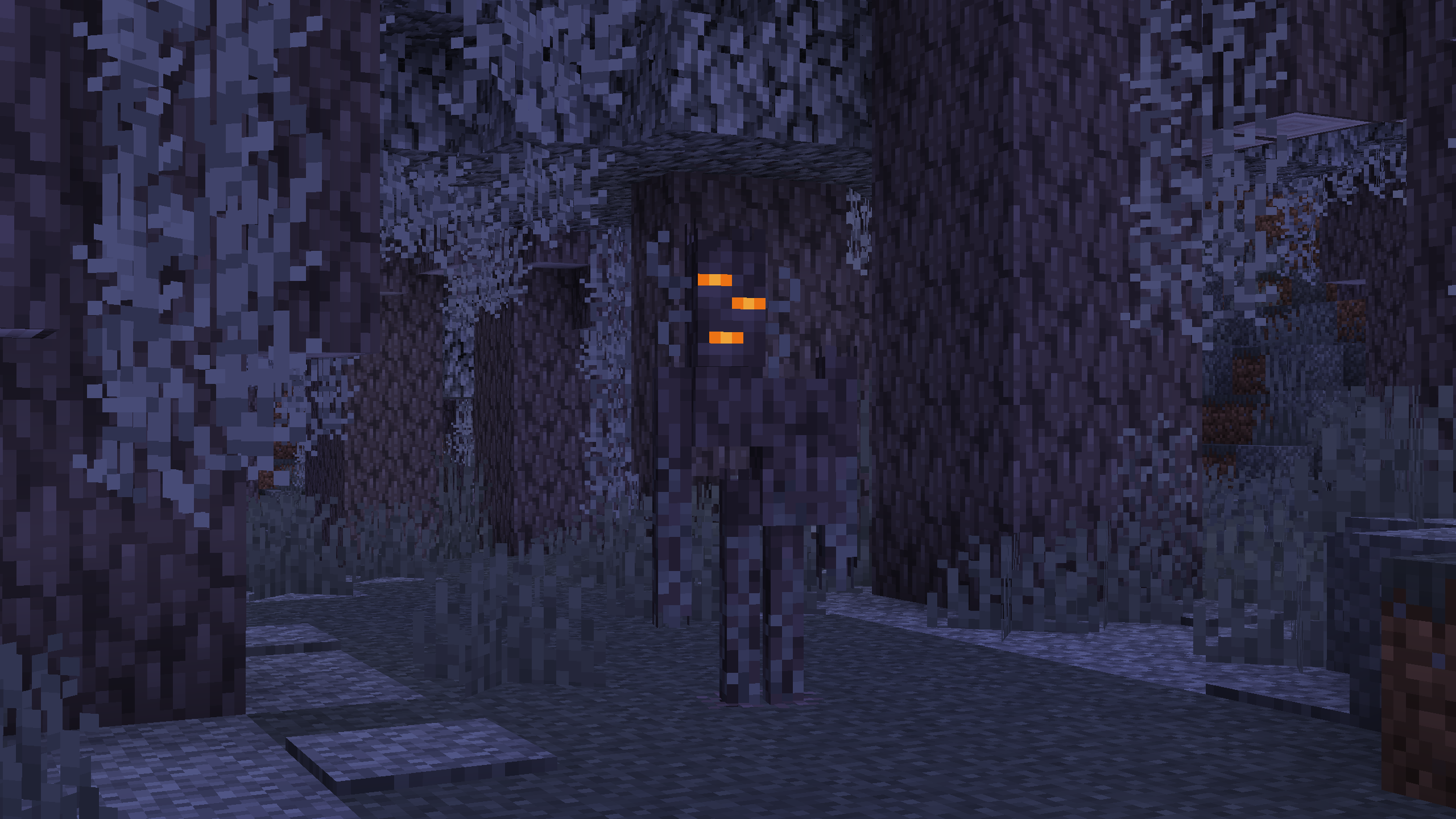 A creaking in a pale garden, staring at the player. It is an assymetric wooden tree-like beast, with three glowing orange eyes.