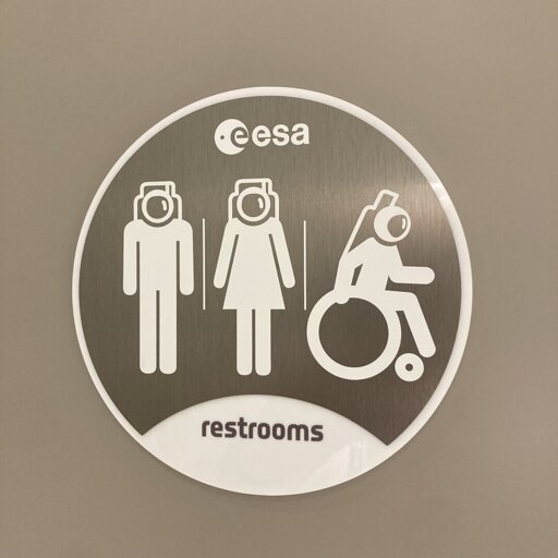 Accessible restroom sign at the European Space Agency’s ESRIN facility outside Rome, showing male, female and wheelchair-bound astronaut