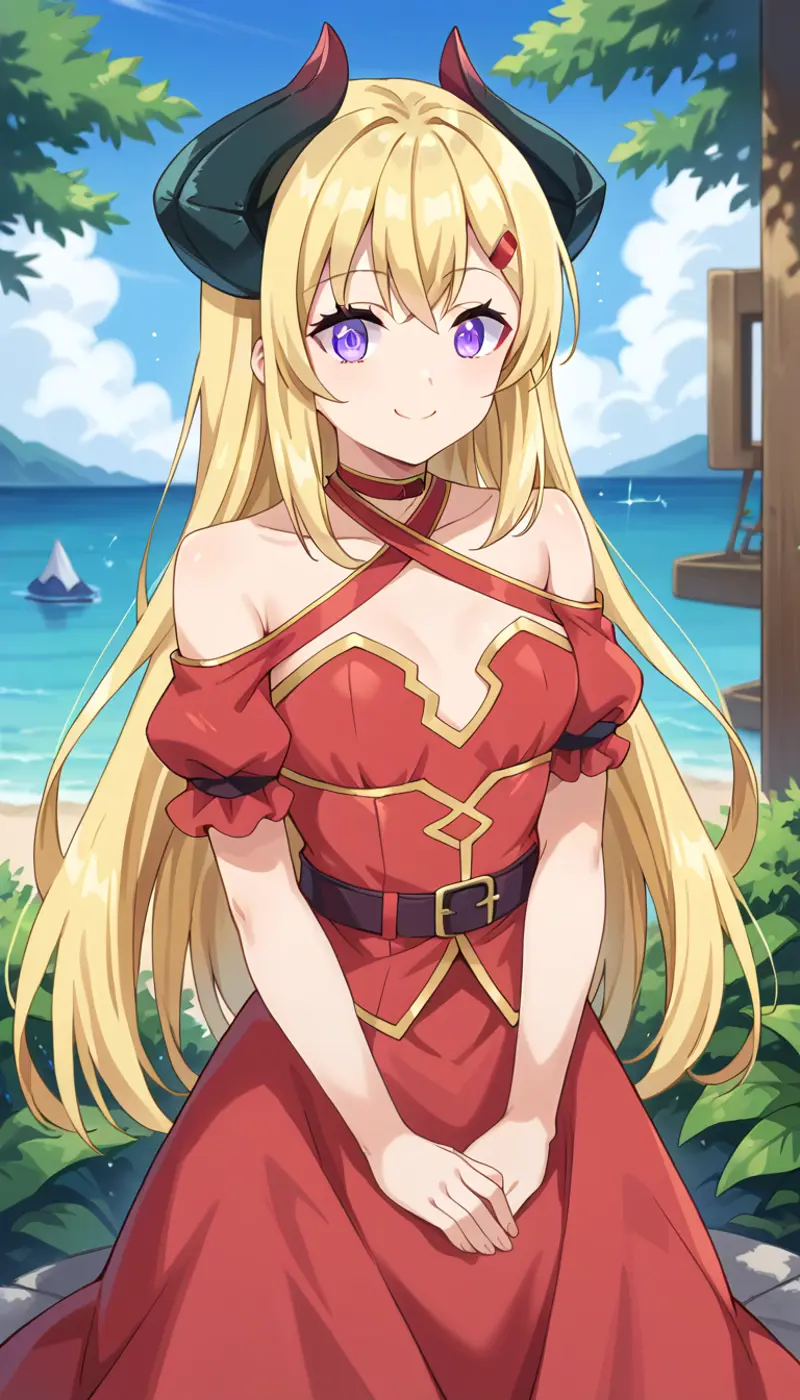 A girl with long blonde hair and purple eyes standing on a beachfront. She is wearing a red dress with gold trim and has two black horns on her head. In the background, there is a clear blue sky and a calm sea.