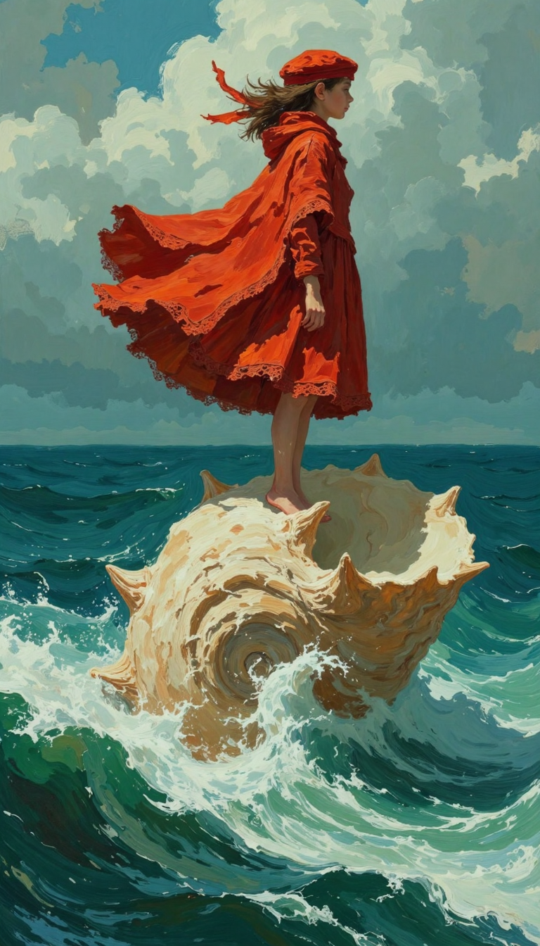 A girl wearing a flowing red cloak and hat, standing on a large seashell amidst turbulent ocean waves under a sky is filled with clouds. 