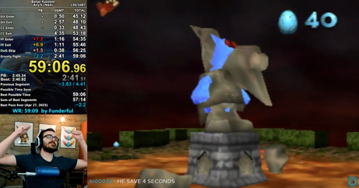 Stream screenshot: shows the moment when the Jinjonator is activated. In the bottom left Funderful is seen celebrating. In the left top are the stats of the run, mainly: total time 59:06.96