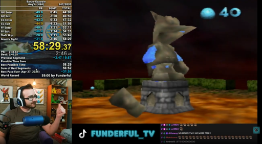 Stream screenshot: shows the moment when the Jinjonator is activated. In the bottom left Funderful is seen celebrating. In the left top are the stats of the run, mainly: total time 58:29.37
