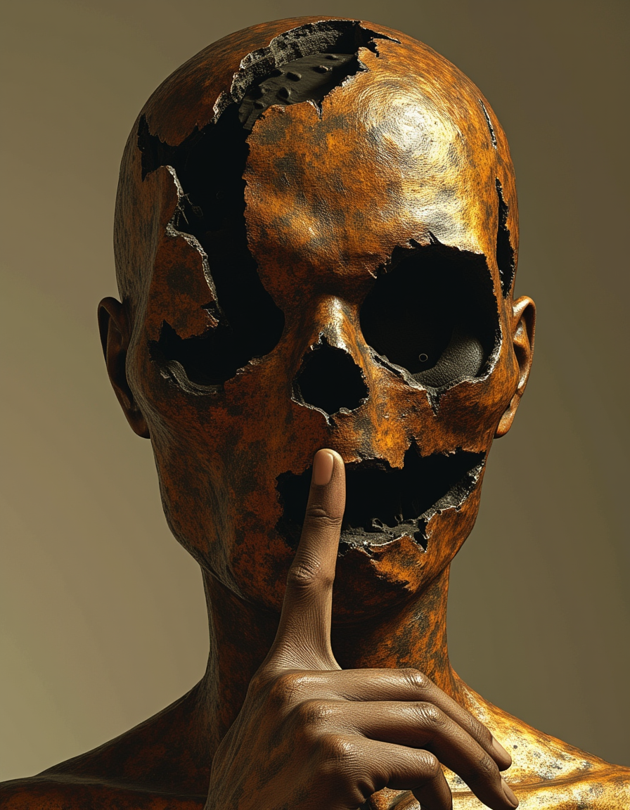 A rusted, decayed skull with significant portions missing, revealing a black interior. The skull is positioned upright, and a human hand is placed in front of the mouth, with a finger raised in a “shushing” gesture. The background is a plain, muted color, which emphasizes the eerie and unsettling nature of the skull.