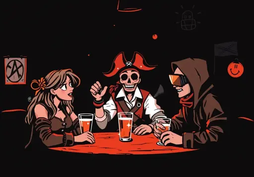 A female anarchist, a pirate and a hacker having fun at a bar. Black background with orangered highlights