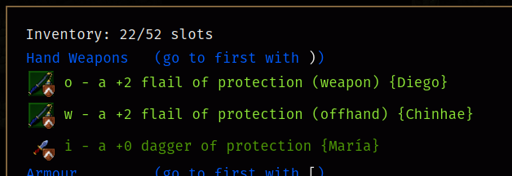 Screenshot of the inventory screen in the game Dungeon Crawl Stone Soup. The items in the "Weapons" category are two +2 flails of protection and a dagger of protection.