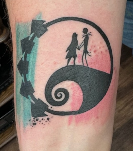 silhouette of Jack and Sally on spiral mountain, surrounded by the arrowed circle and teal/pink splashes from Blink-182's self titled album