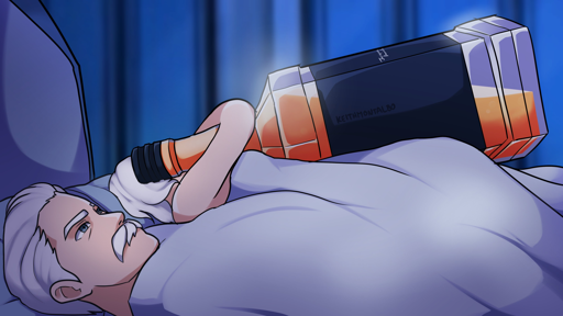 Art of Jacques lying in bed next to Willow cuddling a large bottle of whistky. 