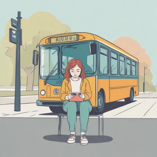 An illustration depicts a young woman with red hair sitting on a bus stop bench. She is wearing a light yellow jacket over a white top, green pants, and sneakers. The woman is holding a mobile device in her hands. A yellow school bus is visible behind her, marked with the number '04' on its front display, indicating it is headed towards route 'А'. The background features a street scene with traffic lights and trees.