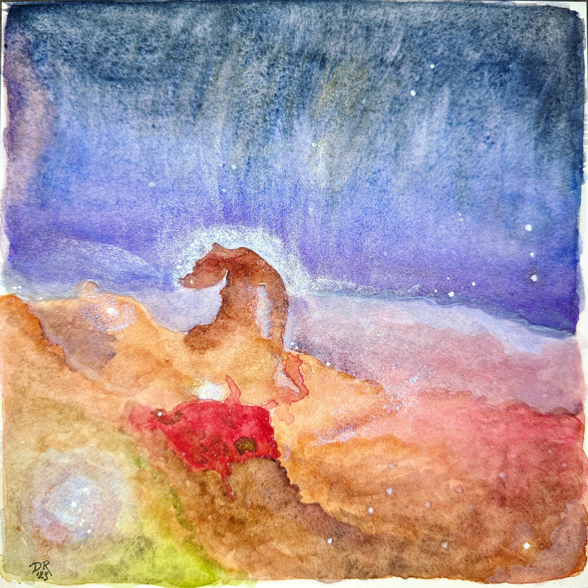 EUCLID’S HORSE by Danielle Rose Baker.
A watercolor painting of the Horsehead Nebula as seen by the ESA Euclid Telescope. The upper half is seen in shades of purple, navy and black, with a horse-head shape seen in profile in shades of orange and red, fading into nebulous clouds on the bottom half of the piece. Pearlescent clouds and stars dot the scene.