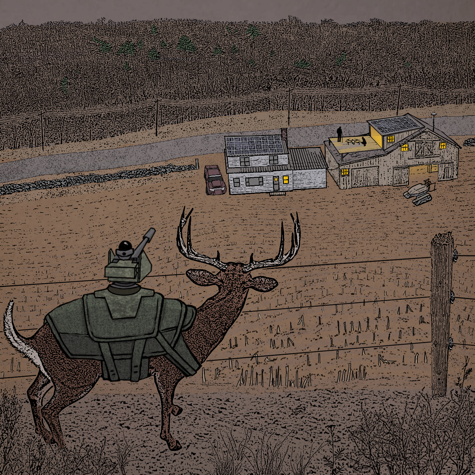 The image shows a deer looking past an electric fence and down a hill at a farmhouse. The deer is wearing a sort of green kevlar body armor, with a robotic turret perched on its back.  Its dusk, and in November, so the crops are gone and the trees have dropped their leaves. The color pallet is dark and mellow except for a few bright yellow lights in the house and barn.  An autonomous robotic tractor on tracks is parked outside the open barn doors, and part of the roof of the barn has been lifted as a dormer, leading onto a deck, which seems to be part of a drone hangar for small agricultural UAVs. A young person is working on the UAV while talking to an older man with a flatcap and cane. 