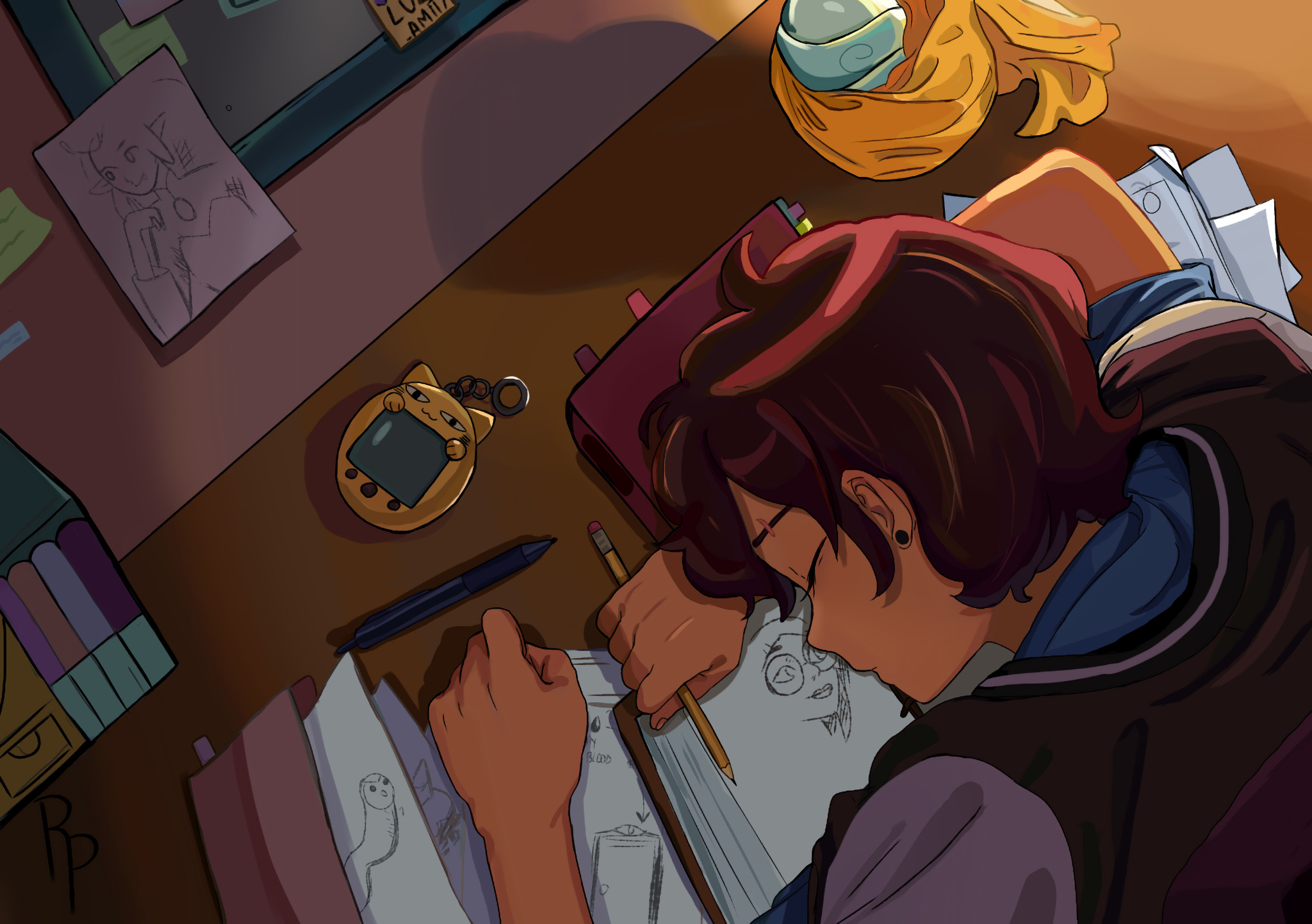 Artwork by Realyskp of Luz Noceda falling asleep while drawing sketches of her friends.