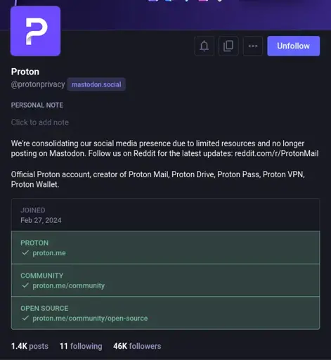 Screenshot of the @protonprivacy@mastodon.social bio reading: "We're consolidating our social media presence due to limited resources and no longer posting on Mastodon. Follow us on Reddit for the latest updates: reddit.com/r/ProtonMail  Official Proton account, creator of Proton Mail, Proton Drive, Proton Pass, Proton VPN, Proton Wallet."