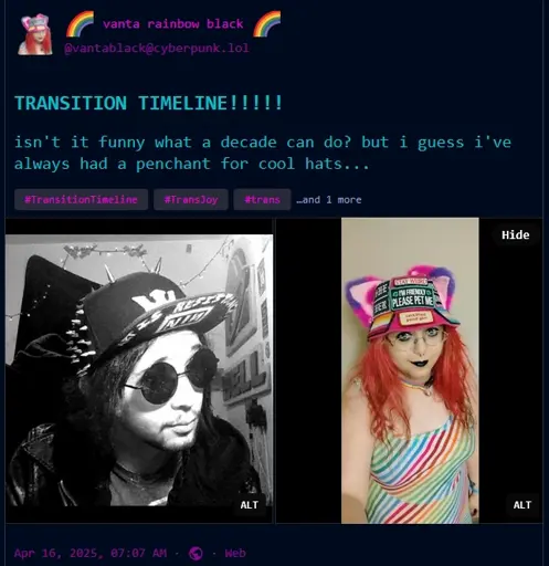 screencap of the linked post, a transition timeline where i go from black and white a decade ago to very colorful now