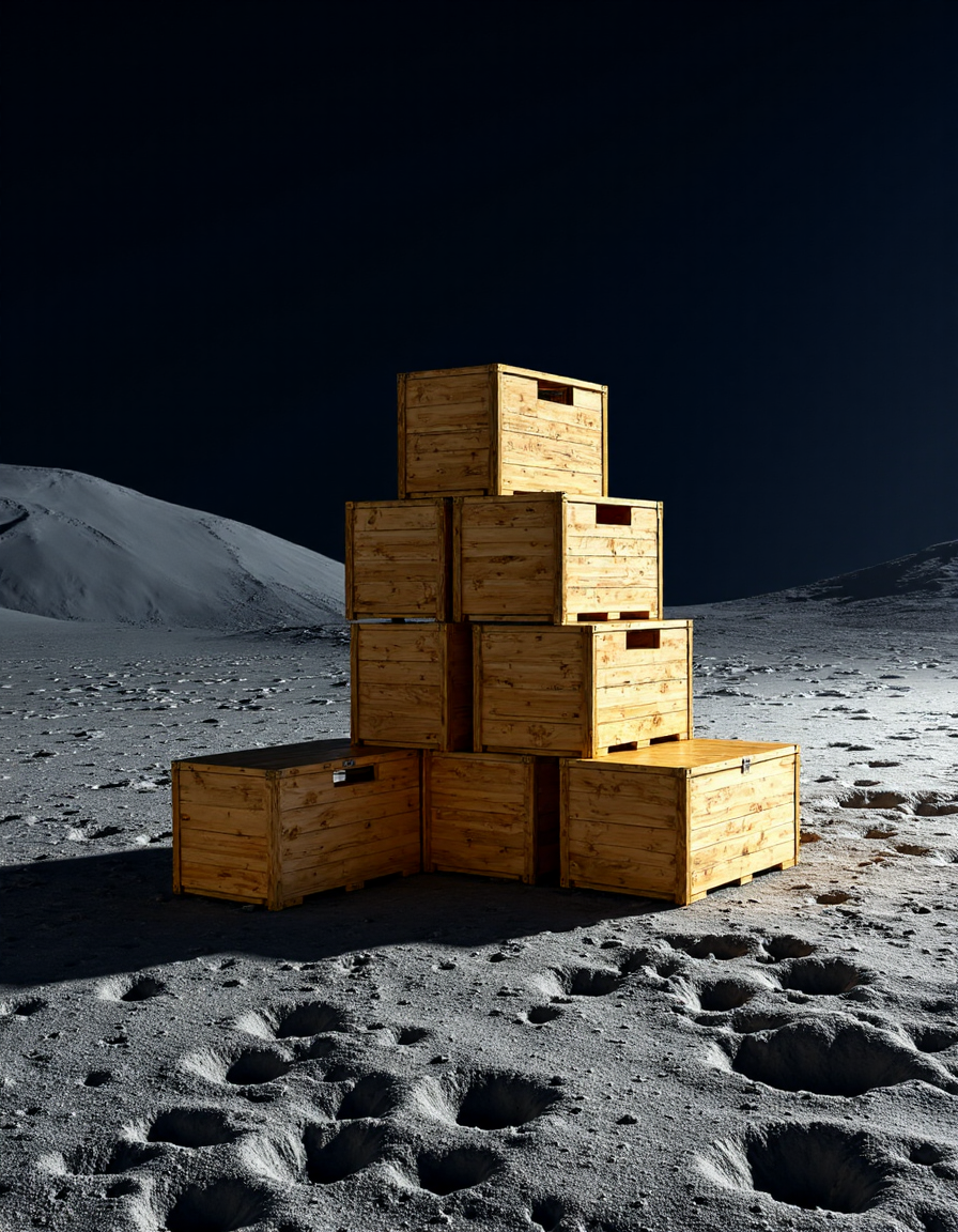 A stack of wooden crates arranged in a pyramid-like structure on a barren, cratered surface that resembles the moon. The scene is illuminated by a strong light source, casting sharp shadows on the ground.