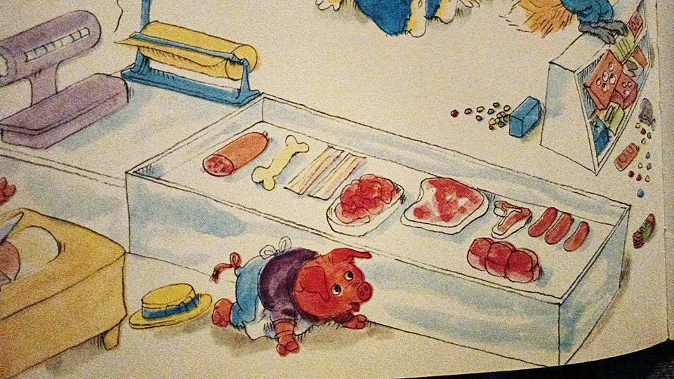 illustration in Funniest Storybook Ever, showing a pig character ducking behind a cabinet full of meat