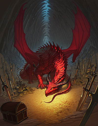 A large, red-scaled dragon in a dark, cavernous lair. The dragon rests low to the ground, its body partially coiled, wings folded, and head resting on the ground, looking forward with glowing yellow eyes. It is surrounded by a hoard of treasure, including piles of gold coins and numerous swords stuck point-down into the cave floor. A closed wooden chest is visible in the lower-left foreground. A warm, focused light illuminates the dragon and the treasure immediately surrounding it, contrasting sharply with the deep shadows of the cave receding into the background. 