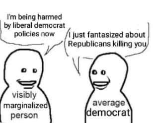 "I'm being harmed by liberal democrat policies now" - visibly marginalized person.  "I just fantasized about Republicans killing you." - average democrat