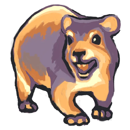 A full body stylized illustration depicts an animal called a hyrax. it's standing on four legs facing toward the viewer with it's mouth open as though it's making a sound.