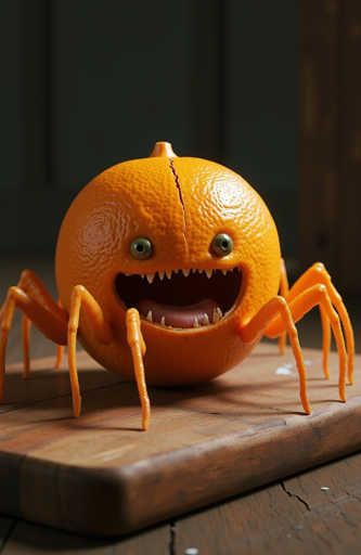 An orange that has been transformed into a spider-like creature. It has a wide, open mouth with sharp teeth and a tongue, green eyes and spider-like legs. The creature is on a wooden surface, with a dark background that contrasts with the bright orange color.