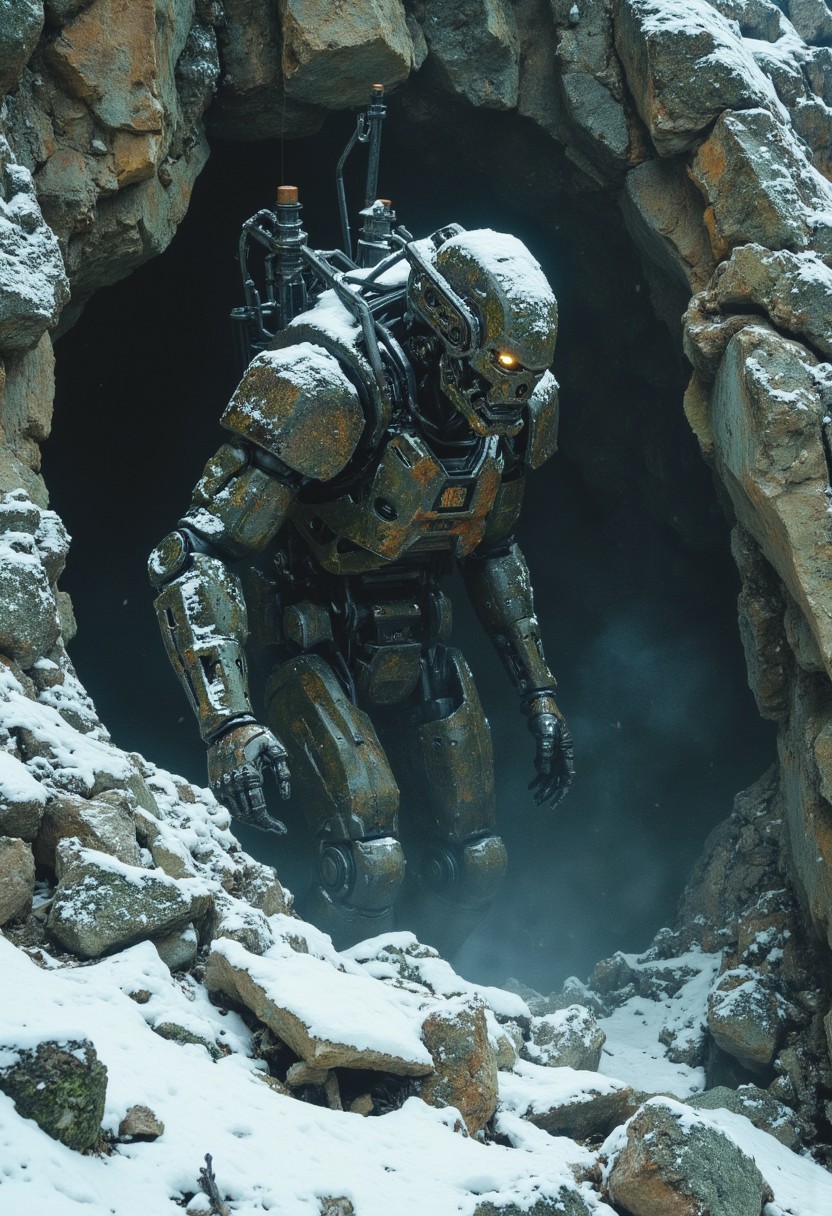 A large, humanoid robot covered in snow and rust emerging from a dark cave. The robot's design includes exposed visible mechanical parts and glowing yellow eyes. The surrounding area is rocky, with snow covering the ground and parts of the cave entrance. 