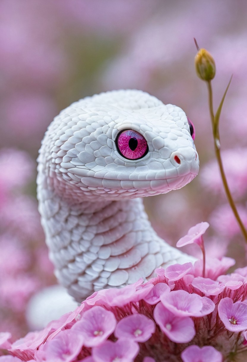 A white snake with distinctive pink eyes resting among pink flowers. The snake is looking at a single closed bud rises from the right side of the frame. Its scales are highly detailed and textured amidst the softness of the blooms that surround it. 