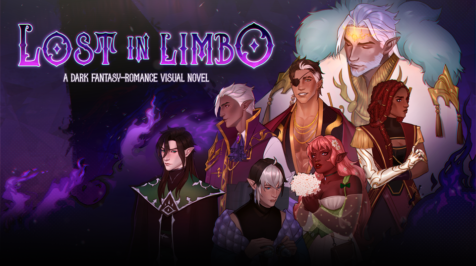 Lost in Limbo Key Visual Featuring the seven love interests. Tagline: Lost in Limbo - A Dark Fantasy.Romance Visual Novel