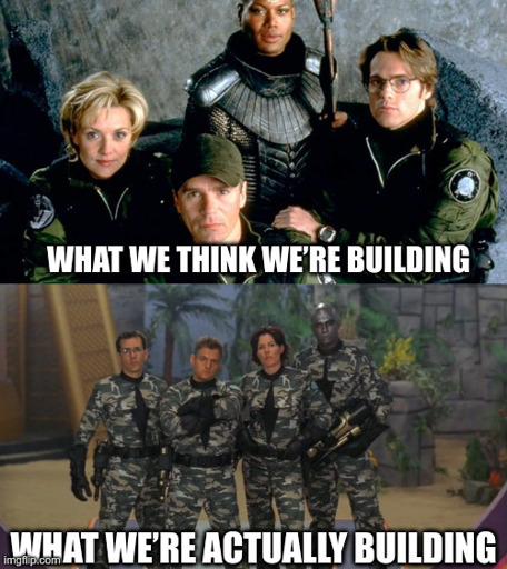 2 images. On top: Stargate SG-1 crew with the phrase « What we think we’re building ». On the bottom, Wormhole Xtreme Crew with the phrase : « What we’re actually building »